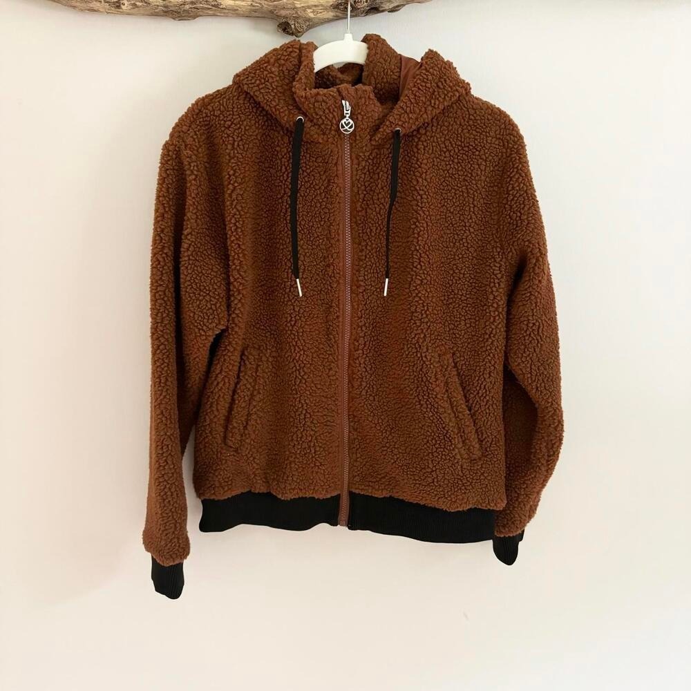Daily Sports Brown Fuzzy‎ Fleece Hooded Zip Up Jacket Womens Size Medium